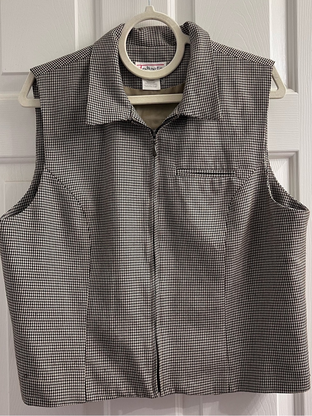 Vintage Talbots Houndstooth Zip Vest XL Made in USA Brown Beige Black 90s Y2K